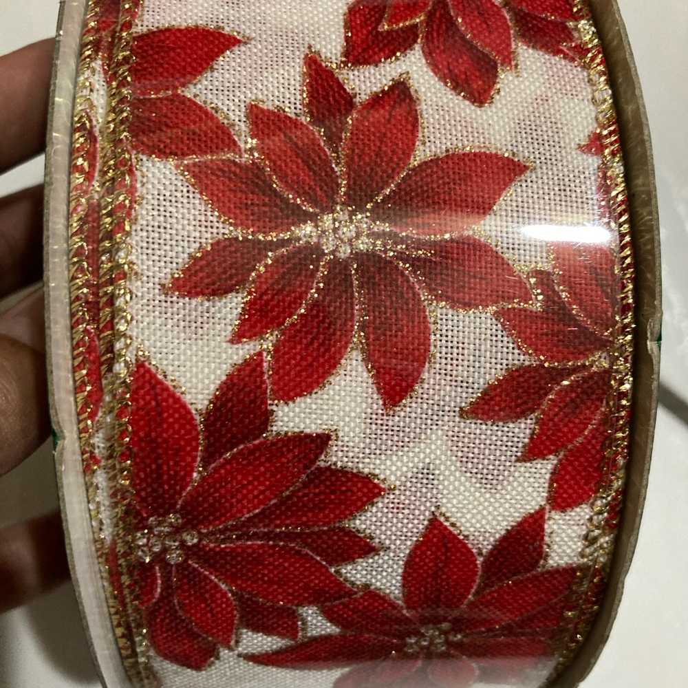 Kirkland Costco Christmas Wire-Edged Ribbon Poinsettia 2.5" wide 50 yards.